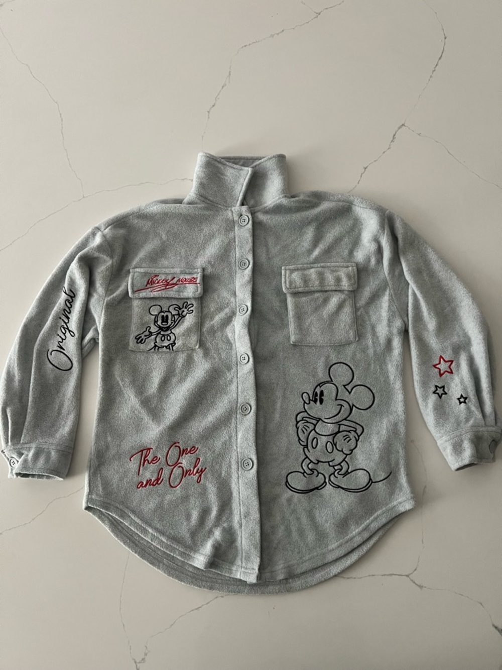 Mickey Mouse Fleece Shacket Buttoned Jacket Embroidered Heather Gray size M
